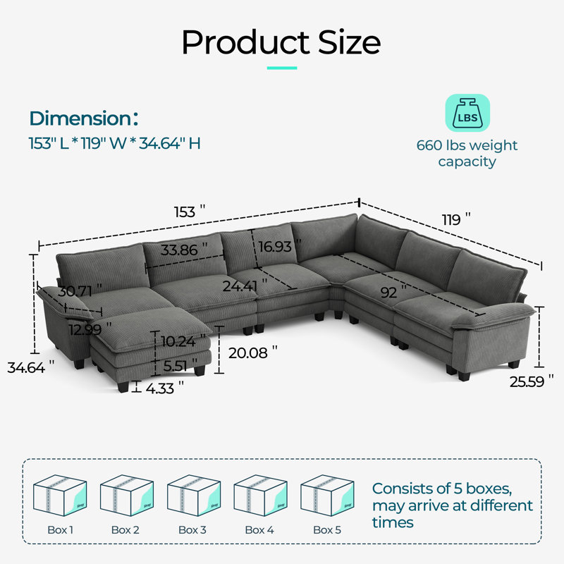 Colbey 153" Corduroy Cloud Modular Corner Sectional Sofa, 6 Seat With Movable Ottoman, Lena Gray Corduroy