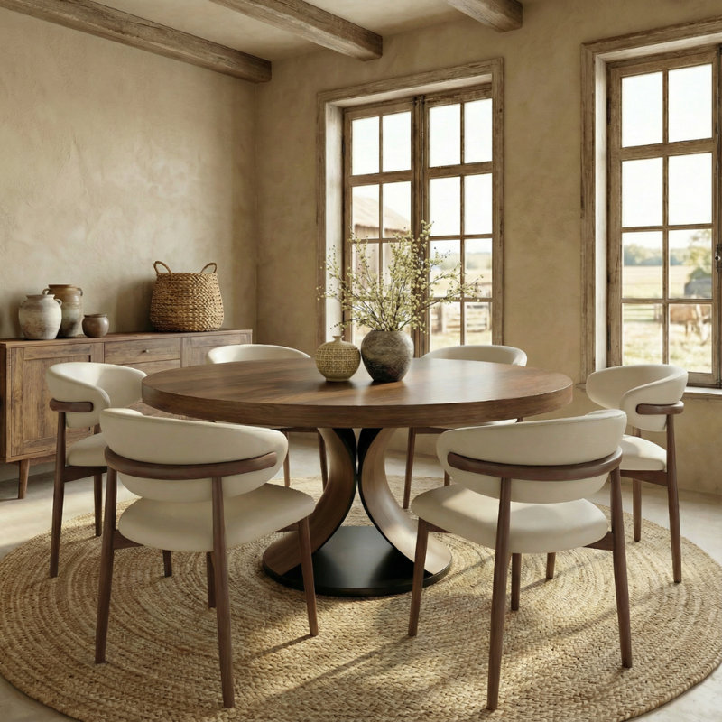 5/7/9 Pieces Solid Wood Round Dining Table Walnut Kitchen Room Set, 7 Pieces: Table, 6 Chairs, 29.52" H x 53.15" W x 53.15" D