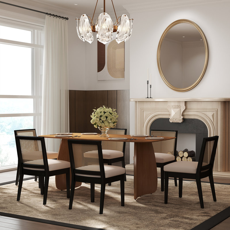 7-Piece Dining Set, Mid-Century Modern Wooden Table & Upholstered Chair Set For Home, Kitchen, Dining Room, Walnut
