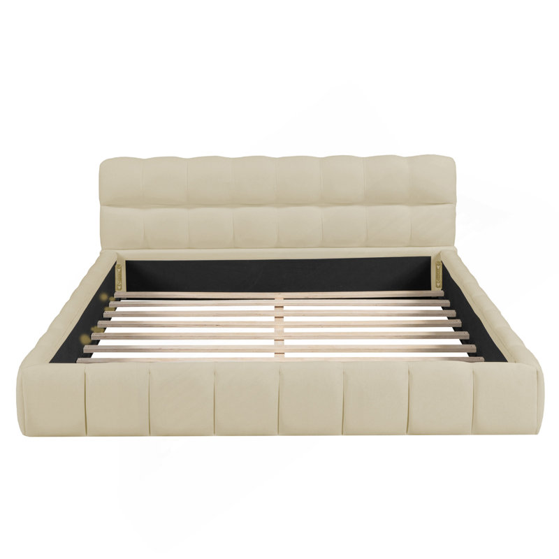Grand lit plateforme tapissier avec tissu épais, lit au sol avec cadre, beige