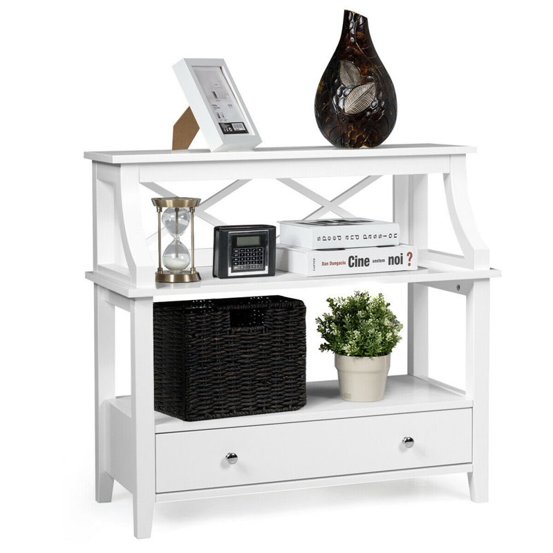 Console Solana à 3 niveaux avec grand tiroir et tablettes de rangement, Blanc