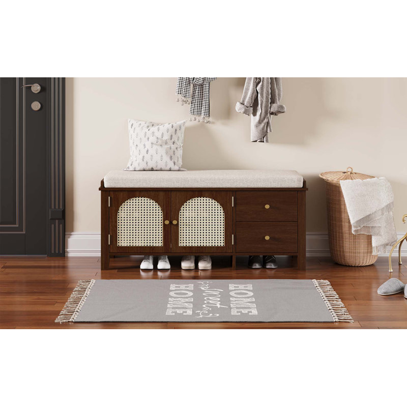 Banc à chaussures rétro avec coussin, 2 tiroirs et 2 portes en rotin, Espresso