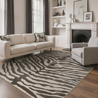 Tapis zèbre safari imprimé animal lavable beige / gris avec envers antidérapant