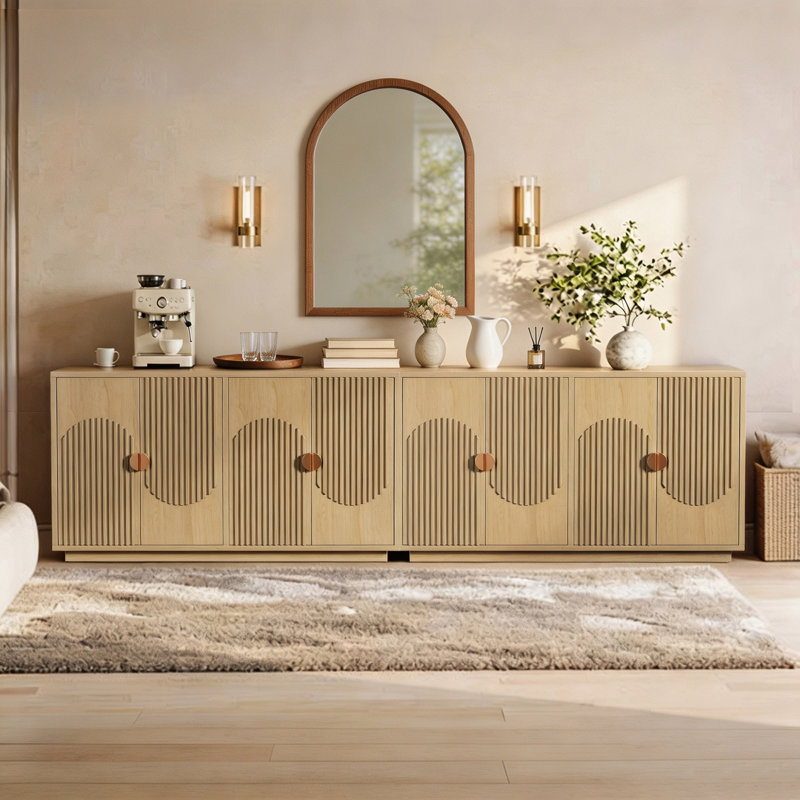 Buffet 2 pièces 59 po à 4 portes avec tablettes réglables, armoire d'appoint modulaire en bois cannelé avec poignées dorées pour le salon et la cuisine