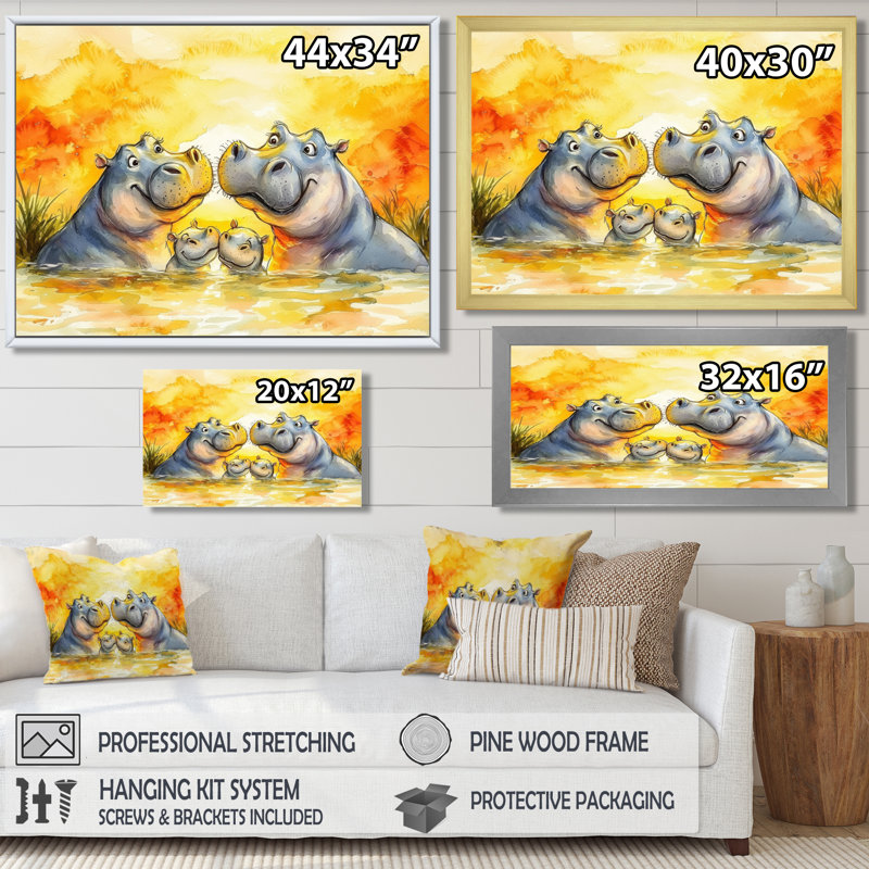 Famille d'hippopotame en Afrique I - impression d'art mural hippopotame, H 16 po x l 32 po, Gold