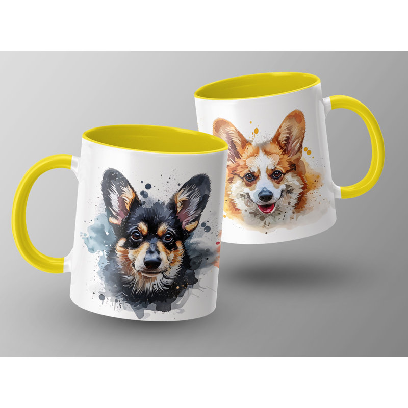 11oz Watercolour Corgi Dog Breeds Design Coffee Mug, Yellow, 1