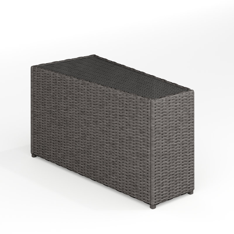 Martha Stewart Bedford Outdoor Rattan Wicker Patio Side Table With Inset Tempered Glass Top, Gray