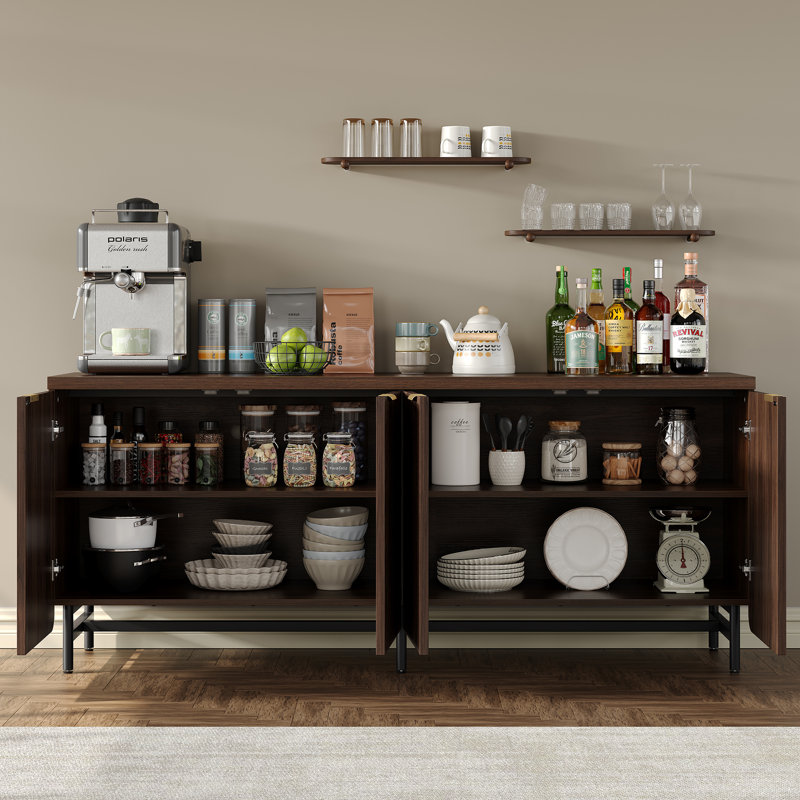 Buffet Lizabeta de 66 po avec 4 portes, armoire de rangement cannelée pour salle à manger et salon, Noyer