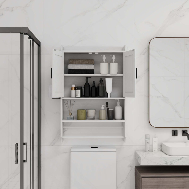 Bathroom Wall Cabinet With Doors, Adjustable Shelf, Towel Bar And Paper Holder, White