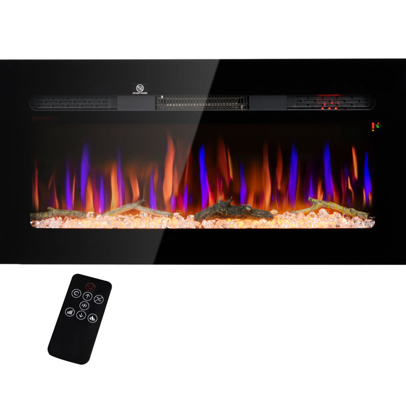 40" Electric Fireplace: Wall Mounted With Remote Control, 1500W, Adjustable Flame Brightness & Color, Log Crystal, 8H Timer, Black Steel Recessed Mount 1500W Heater, Flame,