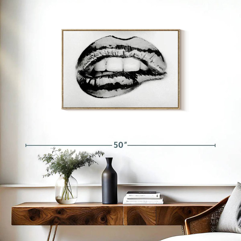Lèvre mordante monochrome, Cadre flottant en bois naturel, 31 po x 21 po
