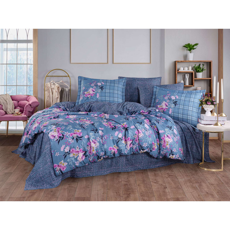 Exclusive Satin Double Quilt Cover Set, 100% Cotton, Blue & Pink | Duvet Cover 79 x 87, Flat Sheet 94 x 102, Pillowcases 27.6 x 27.6 (2 Pieces) & 19.7 x 27.6 (2 Pieces) | 300 Thread Count, Machine Washable, Luxurious Softness