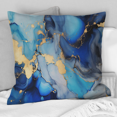 Coussin bleu et doré à motif abstrait de luxe avec art abstrait II
