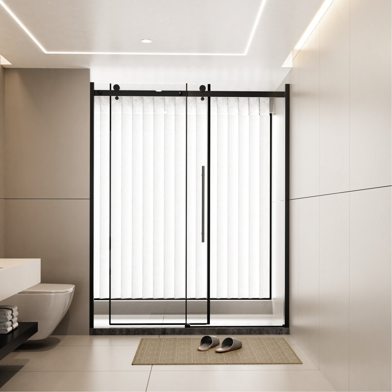 60.In W X 72.In H Single Sliding Shower Door, 1/4 Inch Thick Tempered Glass, Stainless Steel Handle, Zinc Rollers, Attractive Style, Matt Black Alloy Modern Flair,