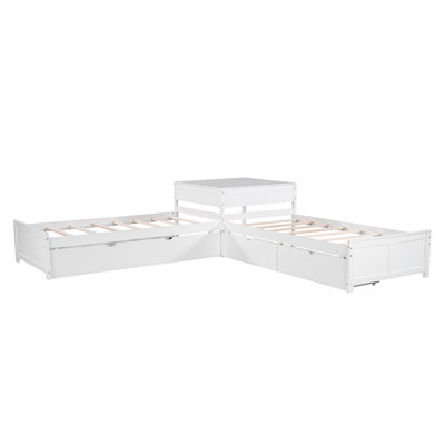 L-shaped Platform Bed with Trundle and Drawers Linked with built-in Desk,Twin