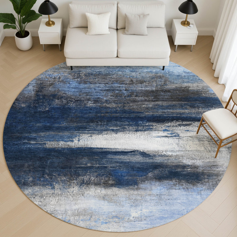 Tapis abstrait lavable à la machine de qualité supérieure Mayfield AMF2016, Marine, 8 pi x 8 pi