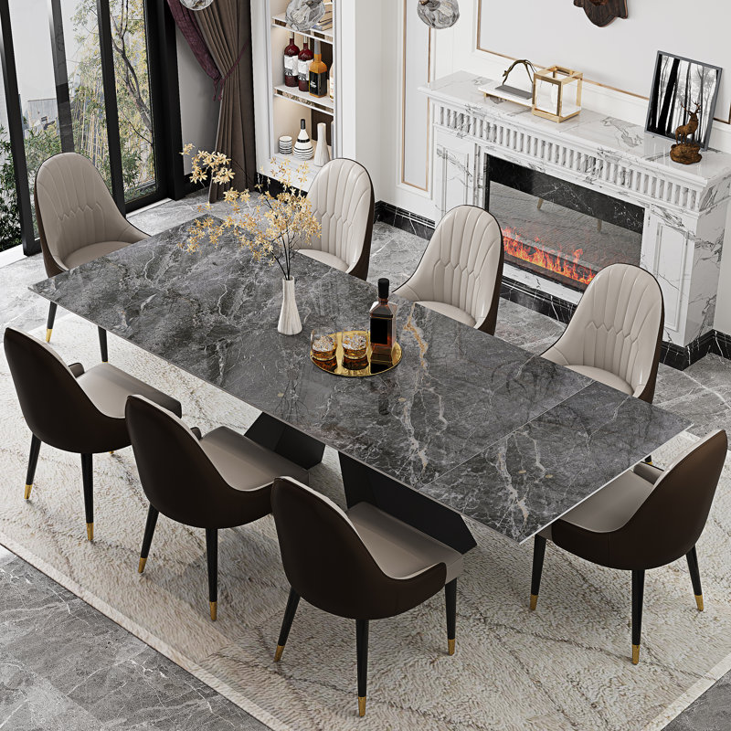 Table de salle à manger extensible de 63 à 94,5 po pour 8 à 10 personnes avec plateau en pierre frittée et base en métal