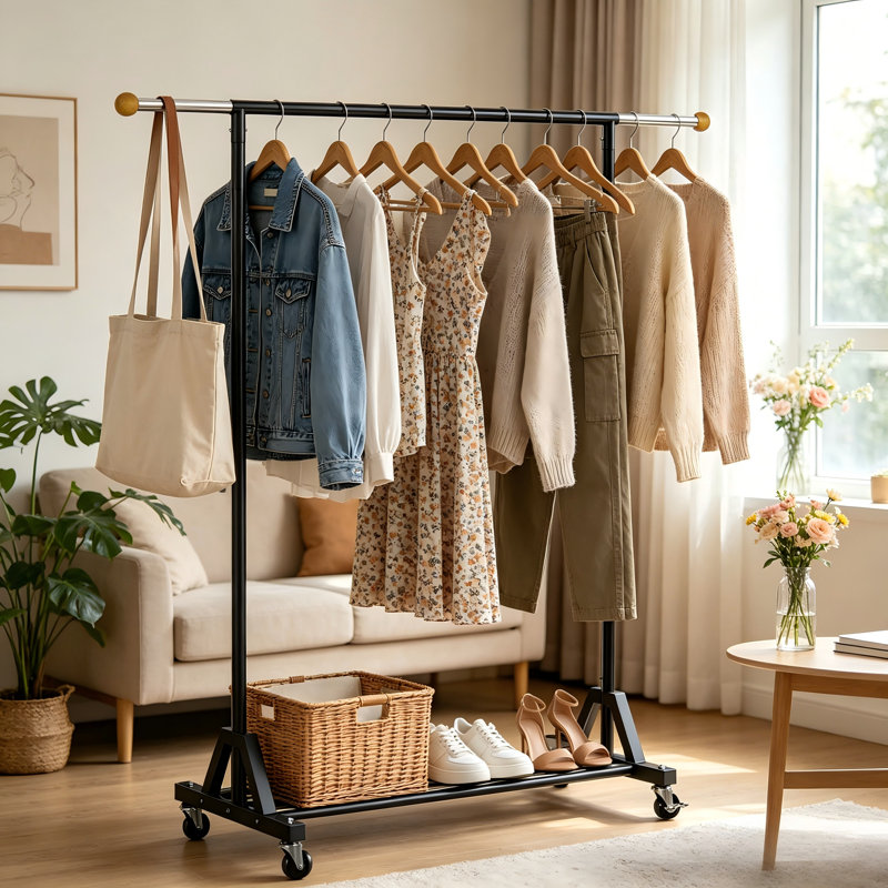 Cintre mobile évolutif avec roues verrouillables et rangement inférieur, conception stable au sol, dédiée au rangement de vêtements multi-scène.