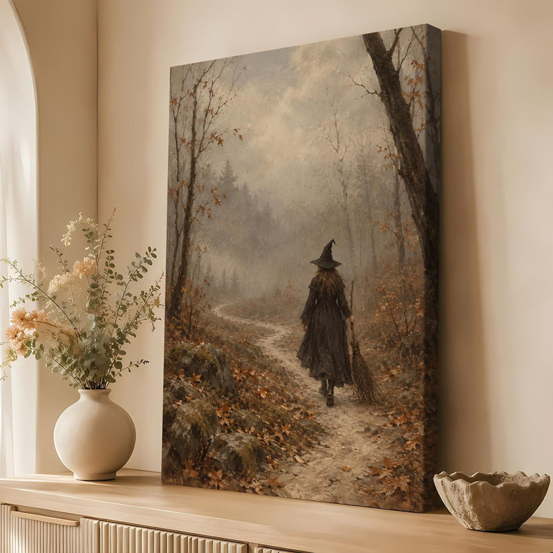 Witch with Broom on a Misty Autumn Path Wall Art (Framed,08×12 inch)
