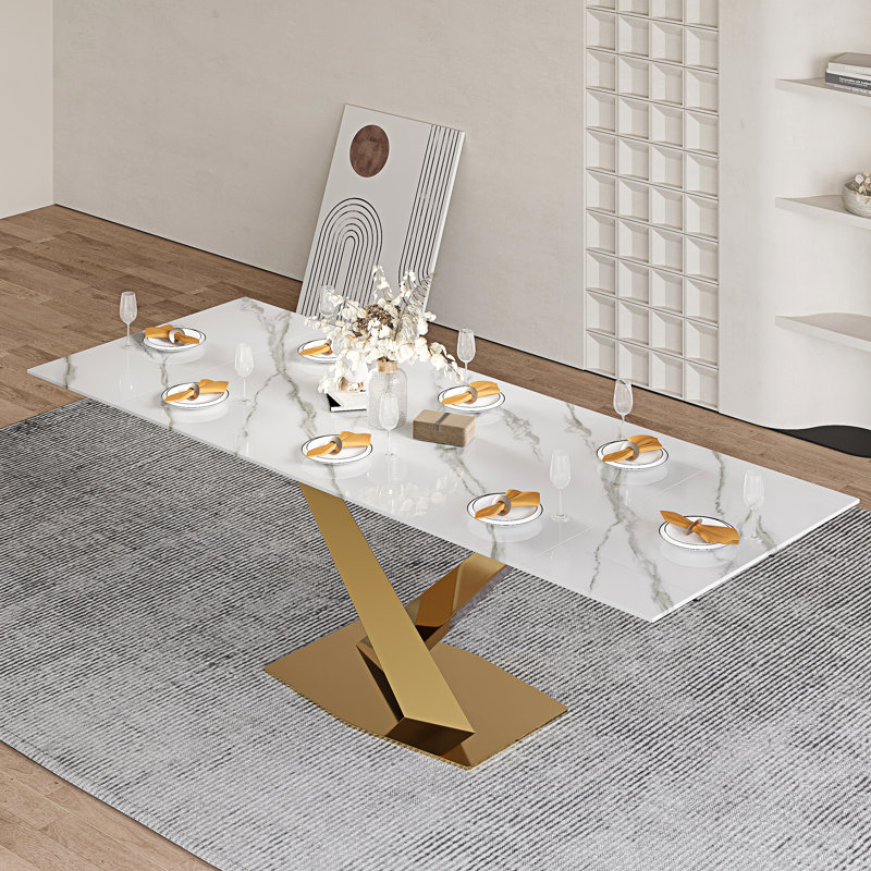 63" To 94.5" Extendable Dining Table For 8-10 With Rectangular Sintered Stone Dining Top And Steel Base, Gold