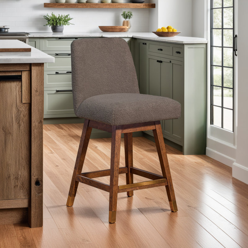 Tabouret de bar pivotant Amelia au fini chêne brun avec tissu taupe Boucle