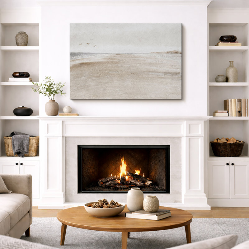 Minimal Landscape "Coastal Sandy Beach Seascape Artwork, Abstract Minimalist Neutral Decor Wall Pictures, Large Framed Canvas Giclee Print Wall Art"