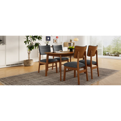 Ensemble de table de salle à manger Farmhouse pour 4 personnes, table de cuisine en bois et 4 chaises rembourrées avec structure en bois d'hévéa robuste, siège rembourré, dossier incurvé, ensemble de coin-repas peu encombrant pour la salle à manger, brun et beige