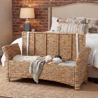 43.5'' Wicker Upholstered Storage Bench with Arms and Cushion for Entryway, Bedroom, or Patio, Natural Water Hyacinth