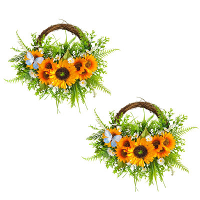 2PCS Sunflower Wreath For Front Door,17.7" Spring Summer Wreaths For Front Door Sunflower Decor,All Season Yellow Daisy Flower Wreath For Indoor Outdoor Wall Porch Home Decorations