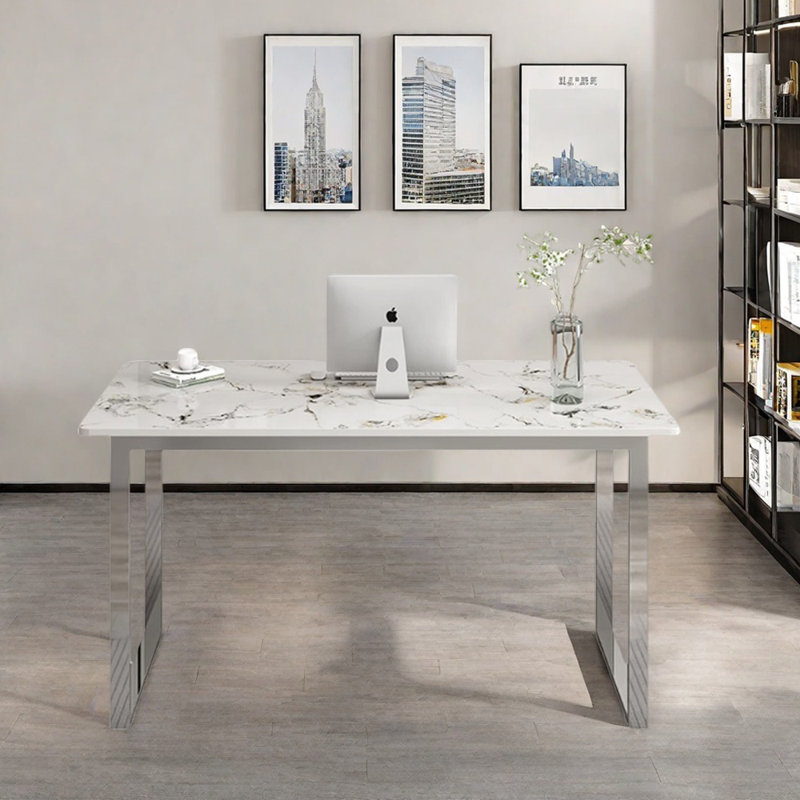 Bureau en acier inoxydable Minimalist, H 29,52 po x l 51,18 po x P 27,55 po, Blanc / Gris