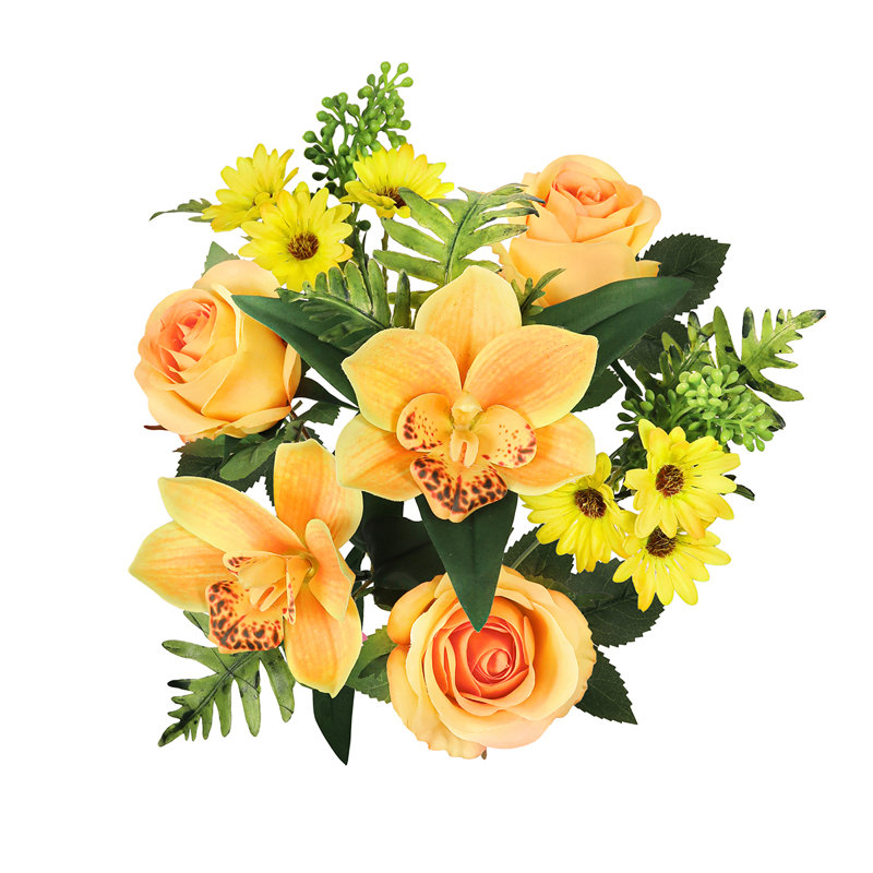 Bouquet de tiges de fleurs artificielles et orchidées roses, Orange jaune