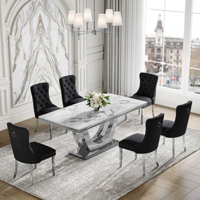 7-Piece Dining Table Set, Marble Veneer MDF Table with 6 Velvet Dining Chairs – Modern Dining Furniture for 6