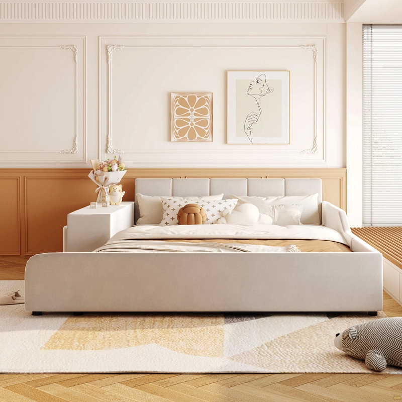 Queen Size Upholstered Grounded Bed, Mother & Child Bed With Bedside Desk And Little Round Stool, Beige, Queen