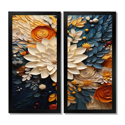 «Orange Teal Botanical Whirlwind - Abstract Botanicals», art mural encadré abstrait orange, ensemble de 2