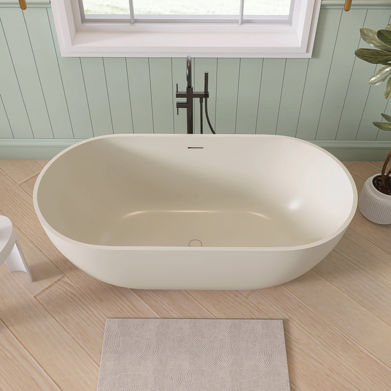 59'' Freestanding Soaking Solid Surface Bathtub, Warm Gray