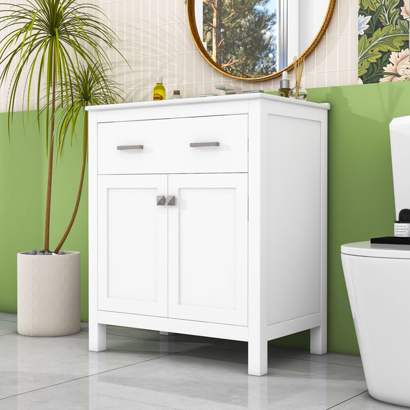 Ensemble de meuble-lavabo simple avec rangement, portes à fermeture en douceur et lavabo en céramique Devises, Blanc