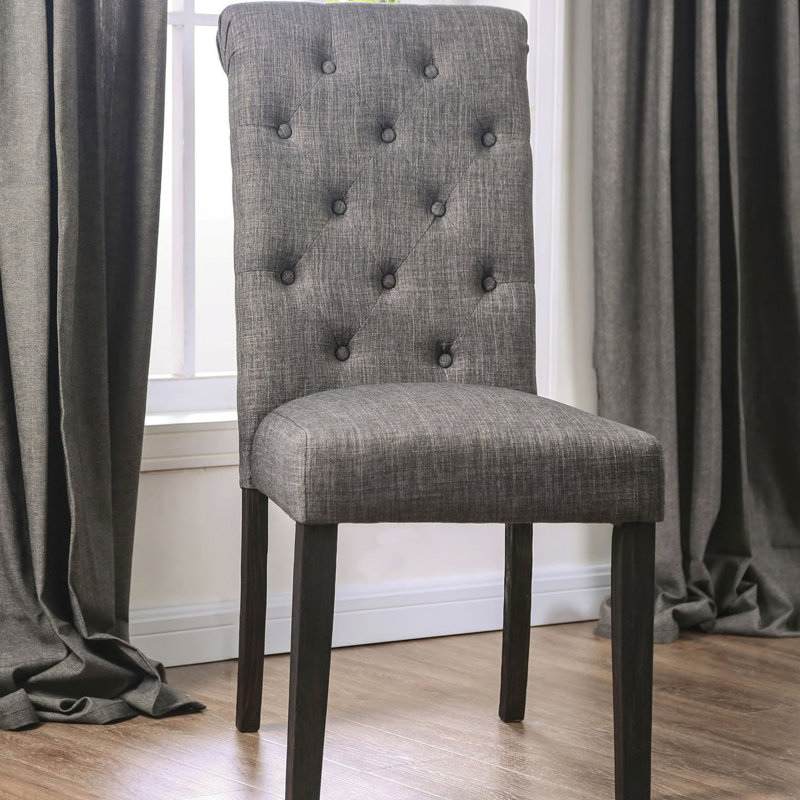 Chaises de salle à manger rustiques, bois massif avec tissu semblable au lin, dossier à boutons, fabrication noir / gris antique, style