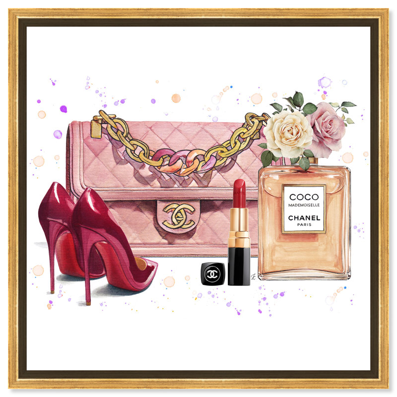 «Fashion and Glam Doll Memories», sac à main rose et talons hauts - impression, H 24 po x l 24 po, Encadrement doré