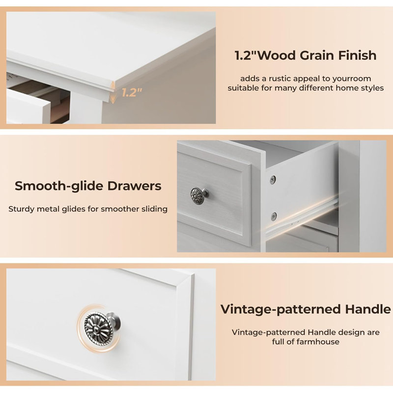 Commode blanche à 5 tiroirs pour la chambre à coucher, commode en bois et commodes à tiroirs profonds, commode de commode moderne avec poignées en métal pour le salon, le couloir, le vestibule