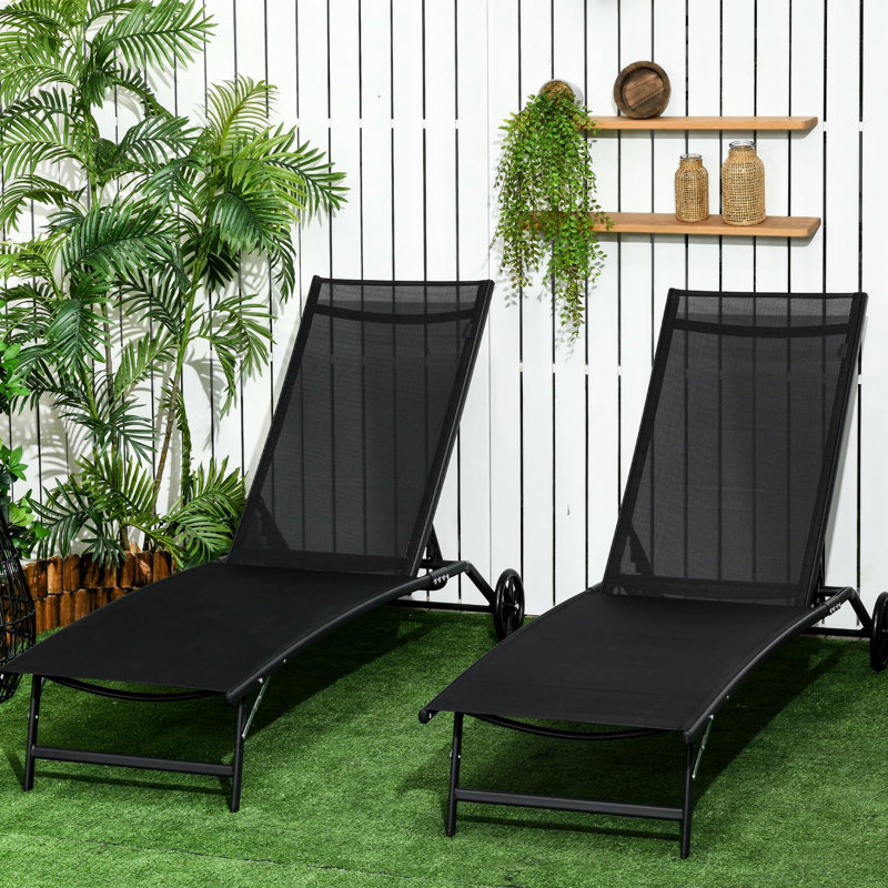 Méridienne 2 pièces avec roulettes, noir, 5 réglages réglables, pour patio, plage, cour, piscine, fournitures de camping pour adultes Plage noire pliante pour adultes