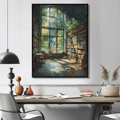 Green Brown Bookshelves Library Quiet Haven II - Libraries Wall Art Print