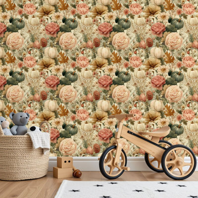 Papier peint adhésif peler et coller en PVC, revêtement mural auto-adhésif amovible avec citrouille rose pastel, reproduction d'art de jardin, imperméable pour la décoration intérieure - rouleau