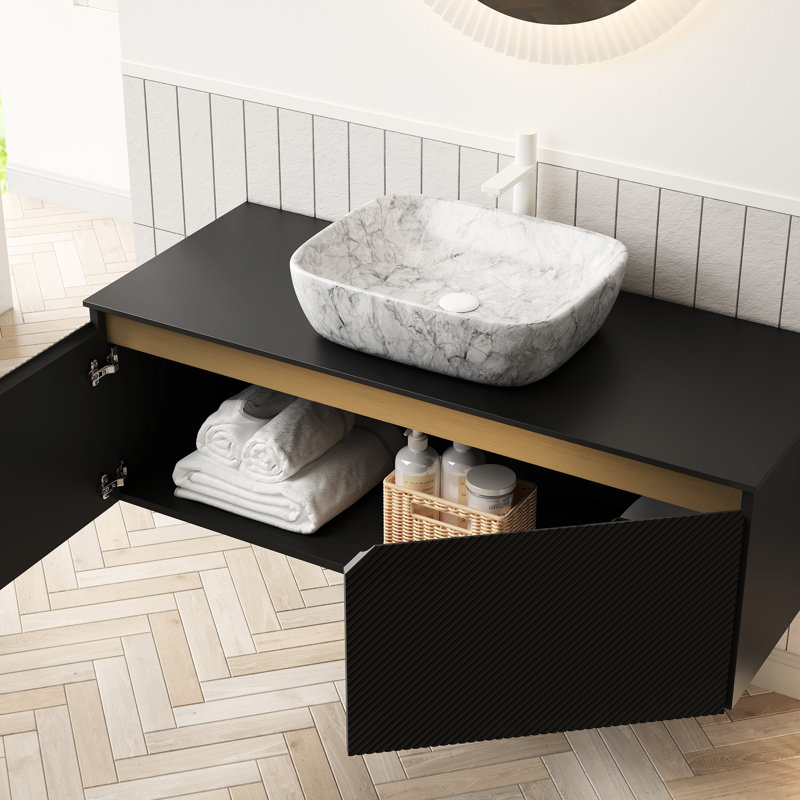 48" Bathroom Vanity And Sink Assortment, Floating Storage Facility, Marble Pattern Ceramic Vessel Sink, Black Sintered Stone Top, Twill-Symmetry Solid Wood Cabinet Rear Doors Kit, Surface, White With
