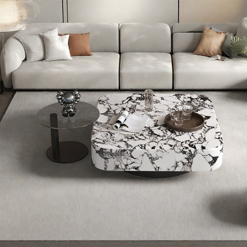 Table basse carrée en marbre italien, Blanc / café, H 13,8 po x L 39,4 po x l 39,4 po