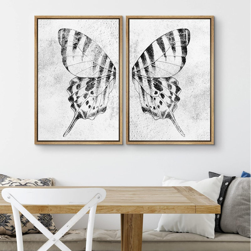 Noir et blanc papillon monarque aile insecte nature sauvage art moderne rustique relax apaisant 2 pièces, Naturel