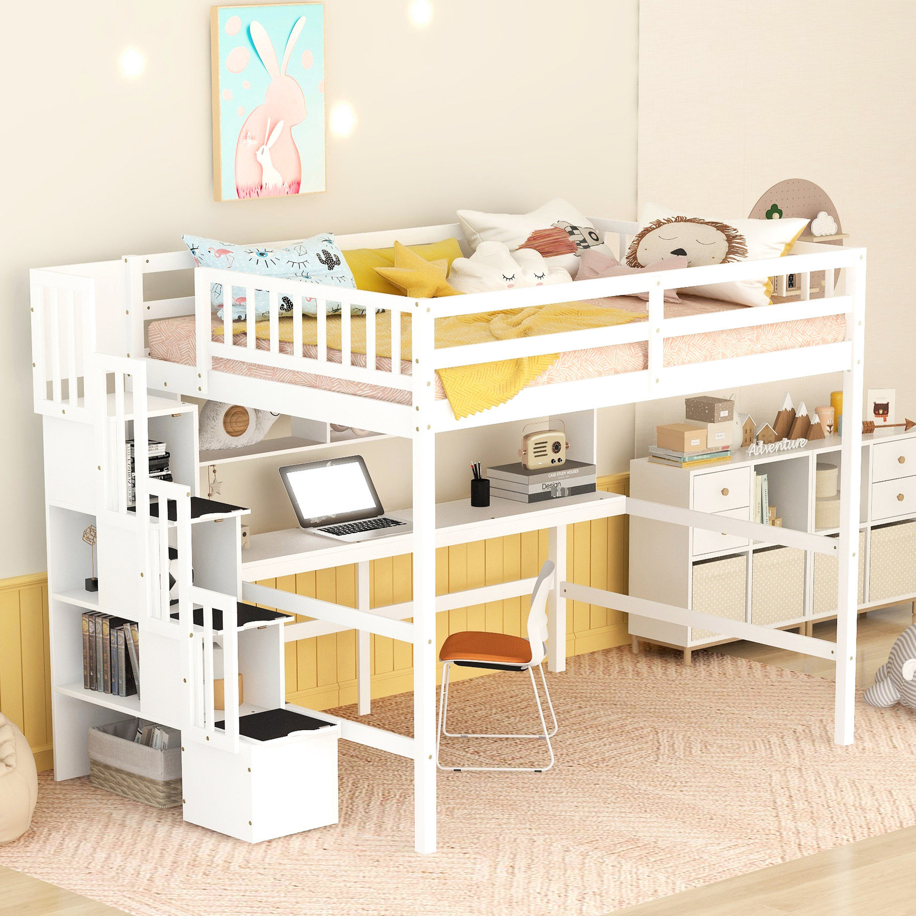 Harriet Bee Full Size Loft Bed With Staircase In Grey - Enhance Your ...