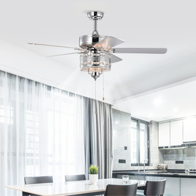 Lampe de ventilateur de plafond classique en cristal de 52 po avec 5 pales réversibles pour salon, salle à manger, chambre à coucher, salle familiale, chrome (chaîne à tirer à la main)