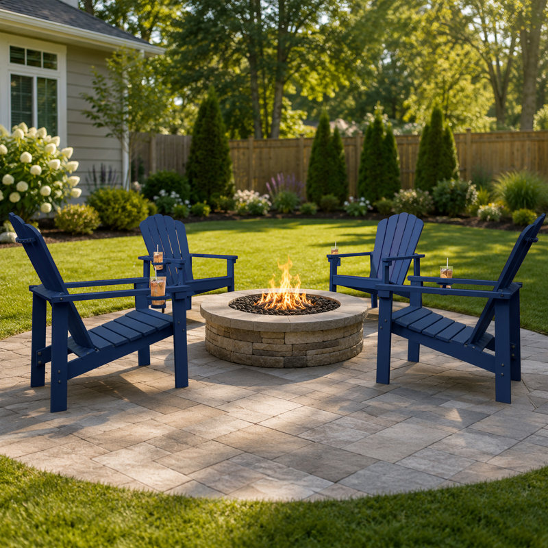 Dareona Set of 2 HDPE Stackable Adirondack Chairs with Cup Holders, All-Weather Outdoor Patio Chairs, Blue, 2