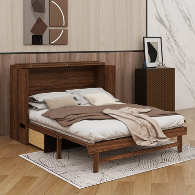 Armoire lit escamotable sophistiquée pour grand lit avec station de charge et grand tiroir de rangement