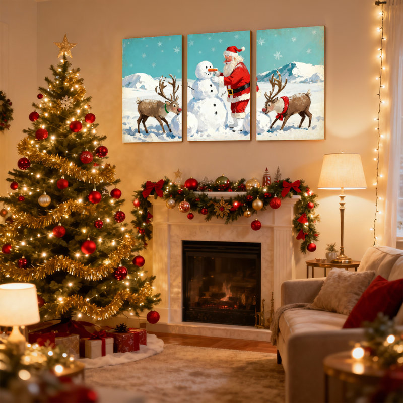 Ensemble de 3 impressions sur toile de Noël, père Noël et bonhomme de neige avec renne, H 18 po x l 36 po